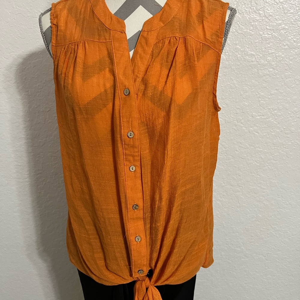 Zac Rachel Tie Front Top Blouse Women M Sleeveless Button Up V-Neck Orange #517
